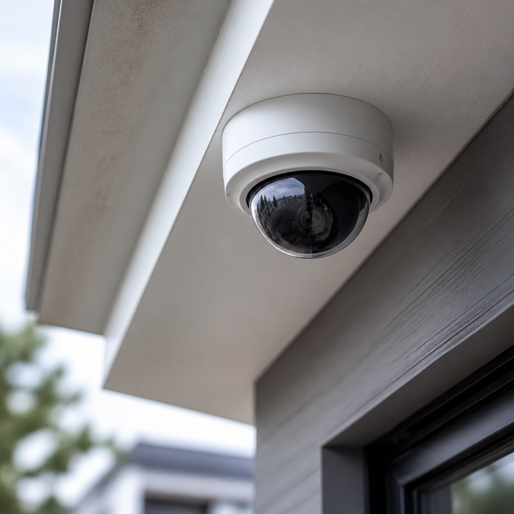 Dome camera under a home eave