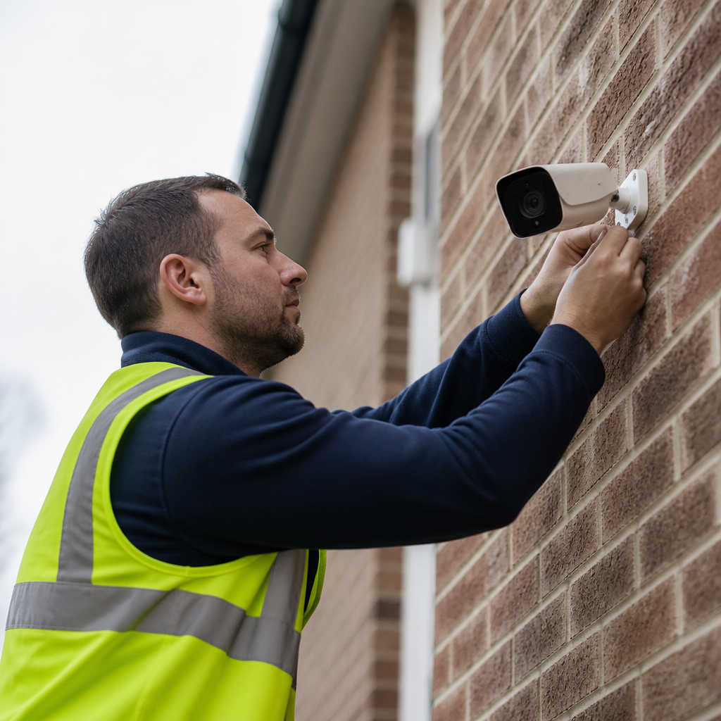 Technician adjusting an outdoor camera