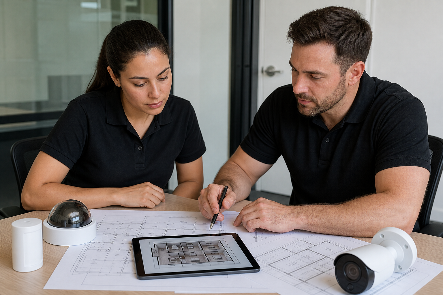 Specialists reviewing a home security plan